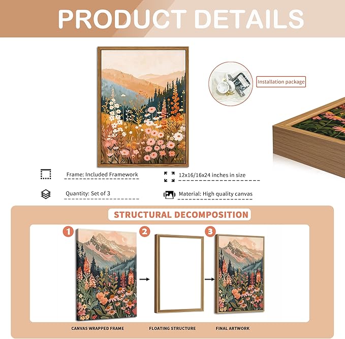 Floating Framed Large Boho Colorful Mountain Wall Art Set of 3, Vintage Wildflower Landscape Canvas Wall Decor Paintings, Nature Floral Forest Posters Pictures Prints for Living Room 16x24 Inch