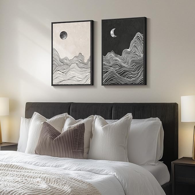 Framed Black and White Abstract Wall Art, 2 Piece Modern Canvas Prints Paintings Artwork for Walls, Abstract Mountain and Moon Pictures for Bedroom, Living Room, Dining Room Wall Decor 16x24 In