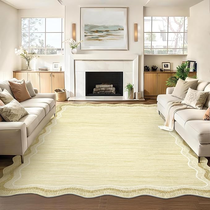 Garvee Scalloped 10x13 Area Rugs for Living Room Large Washable Rugs,Neutral Solid Rug Stain Resistant Non Slip Floor Mat Carpet Indoor Accent Rug for Bedroom Dining Room Playroom Home Decor,Beige