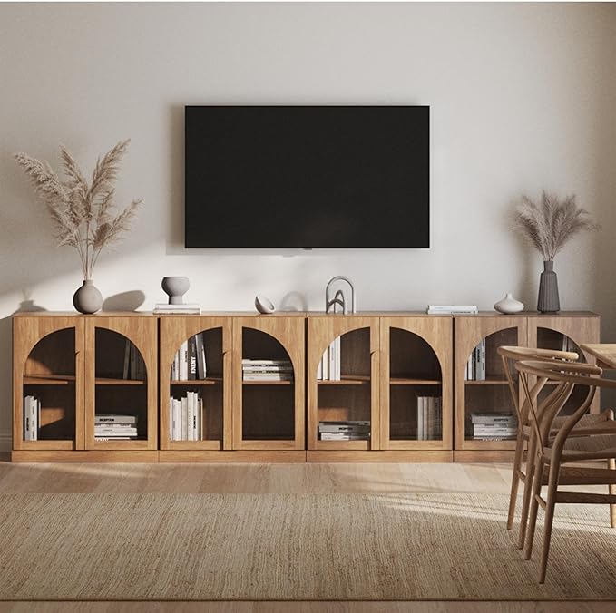 BELLEZE 4-Piece Modular TV Stand Set -Modern Entertainment Center with Arched Glass Doors,Sideboards with Adjustable Shelves&Wooden Handles,Classic Media Console Table Cabinet for Living Room (Camel)