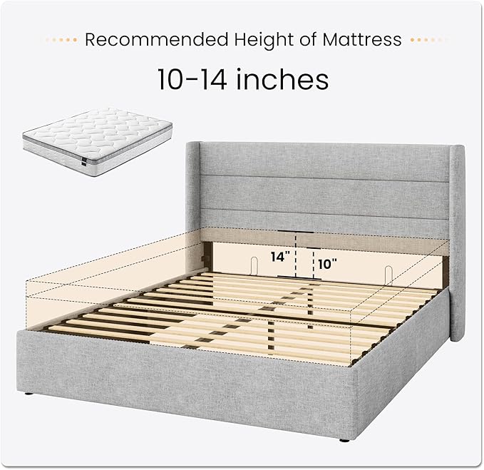 SHA CERLIN Queen Size Lift Up Storage Bed/Modern Wingback Headboard/Upholstered Platform Bed Frame/Hydraulic Storage/No Box Spring Needed/Wood Slats Support/Light Grey