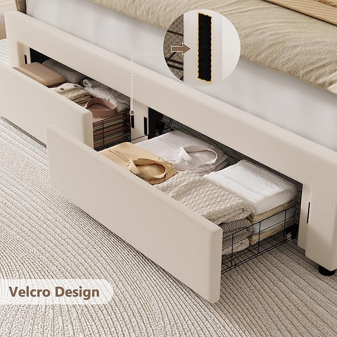 HITHOS Full Upholstered LED Bed Frame with 2 Storage Drawers, Velvet Platform Bed with Wingback Headboard, Solid Wooden Slats Support, No Box Spring Needed, Headboard Splicing Design, Beige