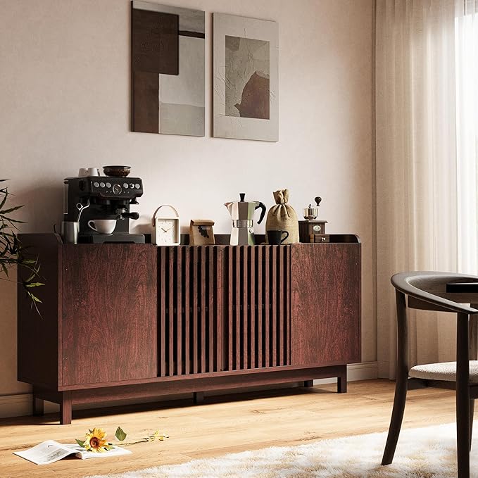 IRONCK 63" Storage Cabinet, Buffet Cabinet with Grille Doors and 2 Adjustable Shelves, Mid Century Sideboard for Kitchen, Dining Room, Entryway（Natural Red Walnut）
