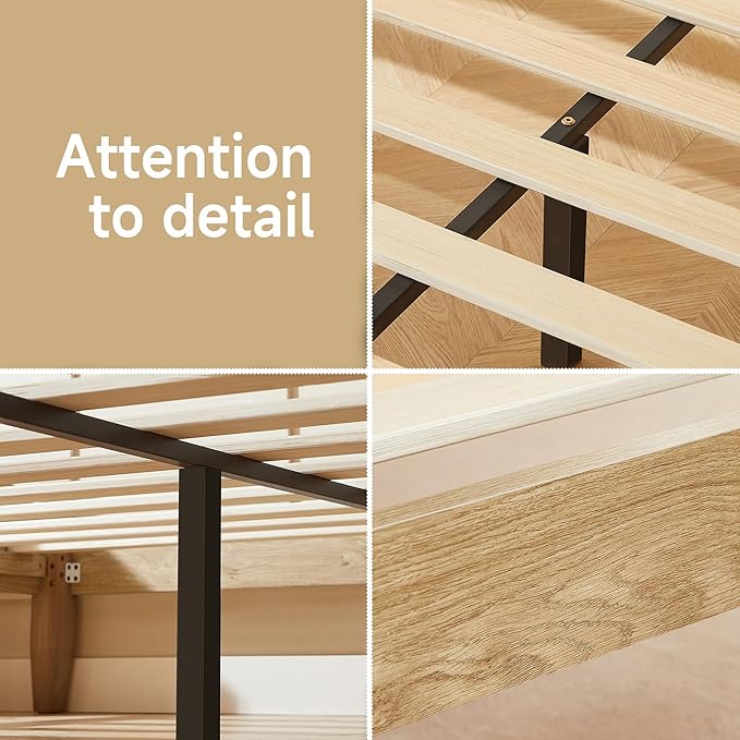 King Bed Frame Wood Platform Bed with Wooden Slats Support 8.5-inch Underbed Space for Storage No Box Spring Needed - Noise-Free Design-Easy Assembly - Minimalist Style