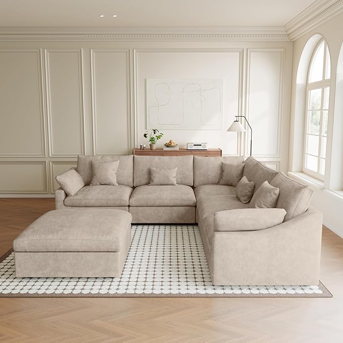 Modular Sectional Sofa Cloud Couch, Oversized 5 Seater Sofa with Ottoman, Extra Large V Shaped Deep Seat Sectional Couches for Living Room, Khaki Sofa Covers Washable&Removable