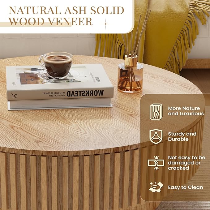 39.37'' Round Coffee Table with Storage, Modern Fluted Circle Coffee Table Unique Drum Low Center Tea Table with Solid Wood Veneered for Living Room, Mesas De Centro para Sala, Natural