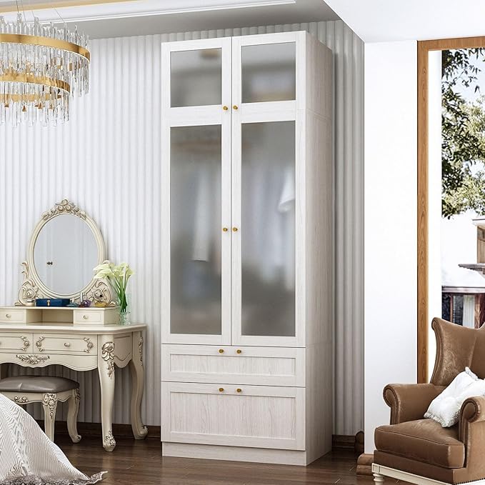 MOUMON 86.6" Wardrobe with Frosted Glass Doors & 2 Drawers, Armoire Closet with Hanging Rod, Top Storage, for Bedroom 31.5”W x 19.7”D x 86.6”H