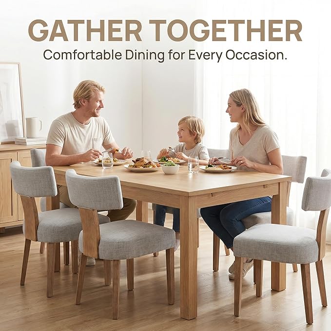 HNY Set of 6 Mid Century Modern Dining Chairs, Farmhouse Linen Fabric Upholstered Accent Chair Curved Backrest Kitchen Chairs, with Hardwood Frame, Grey, 6PC