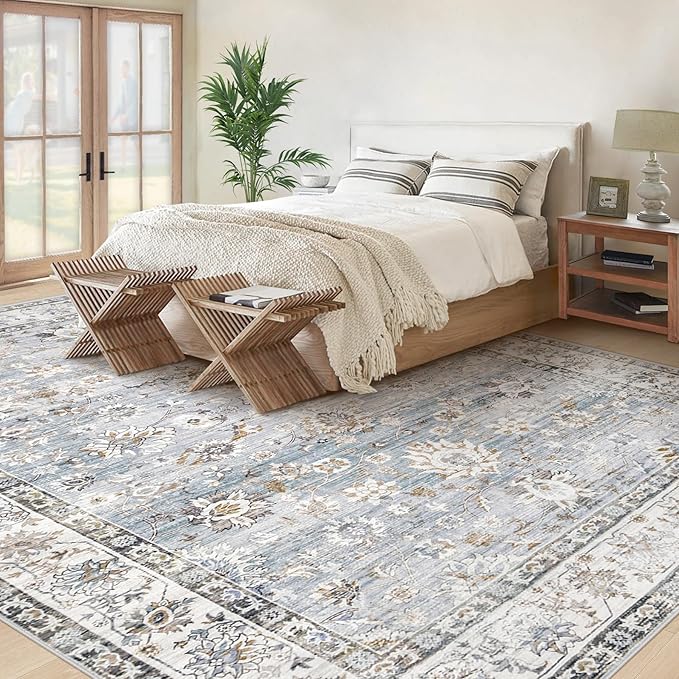 XLUEZ Area Rug 9x12 Living Room Rug, Machine Washable Vintage Distressed Boho Area Rug Non-Slip Soft Low Pile Large Indoor Rugs for Bedroom Kitchen Dining Room Office(Light Blue,9'x12')