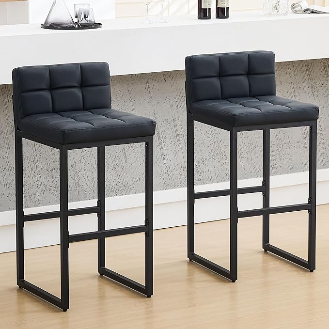 FIRAVOE Bar Height Bar Stools Set of 2, Modern Tall Counter Stool, Faux Leather Barstools with Back, Comfortable 30-inch Seat Height Island Chairs for Kitchen Island (Black, 2Pcs 30" Bar Stools)