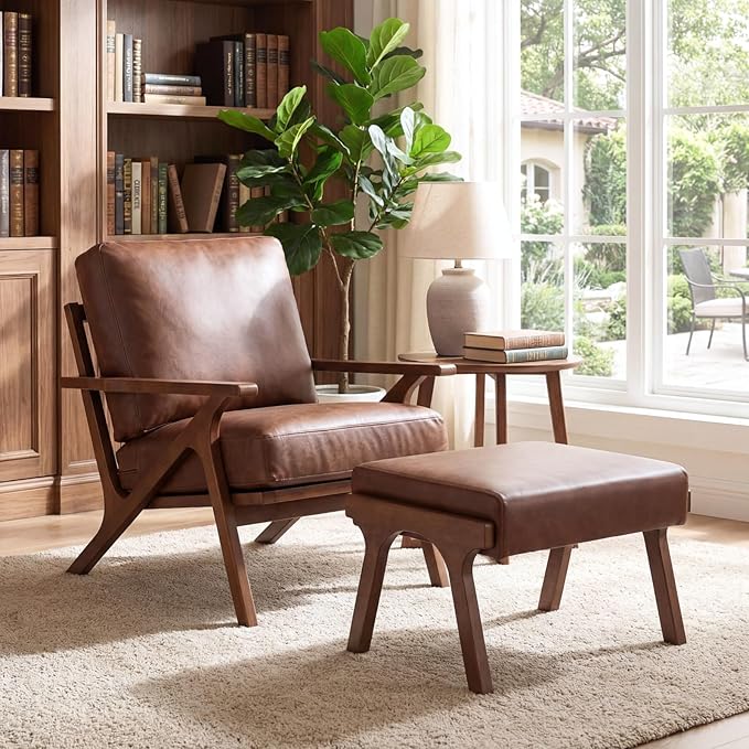 chairus Mid-Century Modern Brown Faux Leather Accent Chair with Ottoman, Comfy Upholstered Lounge Armchair with Removable Cushion & Solid Wood Frame, Retro Reading Chair for Living Room Bedroom Office