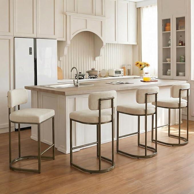 26" H Counter Height Bar Stools Set of 4, Modern Linen Fabric Upholstered Barstools with Backrest for Kitchen Island, Gold Metal Frames, Linen