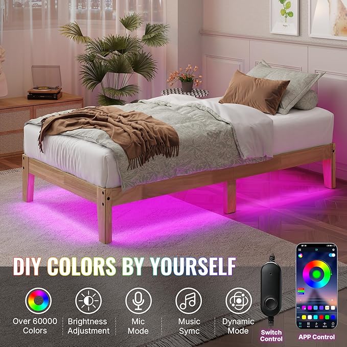 Twin XL Size Solid Wood Platform Bed with Led Light - Noise-Free Design with Metal and Wood Slat Support, No Box Spring Needed, Easy Assembly, Natural Wood Finish