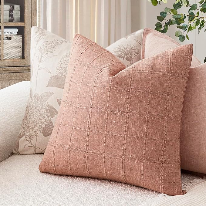 Foindtower Set of 2 Decorative Linen Check Throw Pillow Covers Neutral Farmhouse Vintage Cushion Covers Modern Boho Accent Home Decor for Sofa Chair Couch Bedroom Living Room,24×24 Inch,Coral Pink