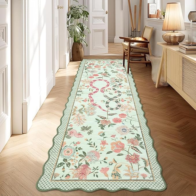 Garvee Washable Runner Snake Scalloped Rug 2x6 Runner Rugs for Hallway, Non-Slip Stain-Resistant Kitchen Runners, Soft Low Pile Non Shedding Carpet for Laundry Entryway Bedroom Bathroom,Green