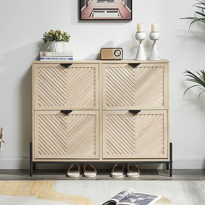 Shoe Cabinet Storage with 4 Flip Drawers, Narrow Hidden Shoes Organizer Cabinet for Entryway, Freestanding Slim Shoe Rack Front Door Entrance(Oak)