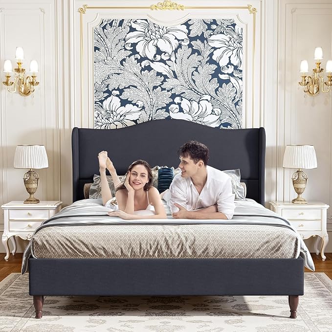koorlian Full Size Bed Frame Upholstered Platform Bed with 51'' Tall Fabric Headboard and Wooden Slats Support, Retro Minimalist Style/Fully Upholstered/Easy Assembly, Dark Navy