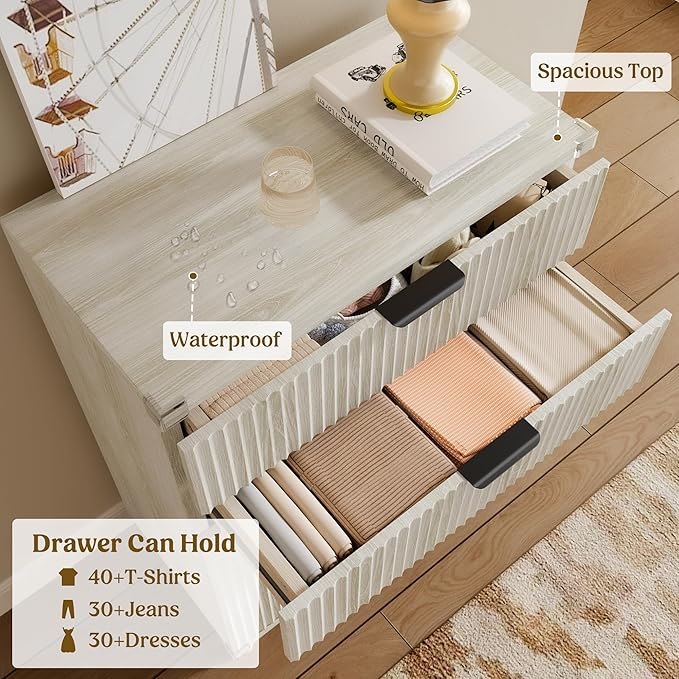 Lulive Dresser for Bedroom Wood Tall Dressers Drawers, Fluted Modern Dresser 5 Drawers (White Oak)