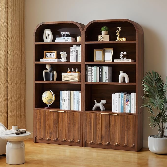 70" Tall Arched Bookshelf with Storage Cabinet Set of 2, Modern 4-Tier Wood Bookcase with Scalloped Doors & Gold Handles, Open Display Shelves for Living Room, Bedroom, or Home Study Office (Walnut)