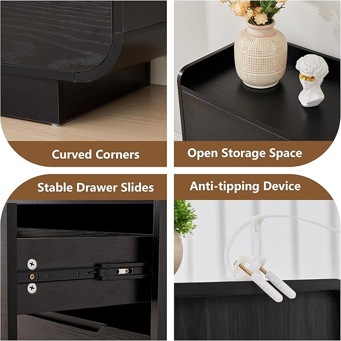 Curved 6 Drawer Dresser for Bedroom, Modern 53-Inch Chest of Drawers, Wood Storage Dresser Organizers with Hidden Handles, 6 Drawer Dressers for Bedroom, Nursery, Living Room, Black