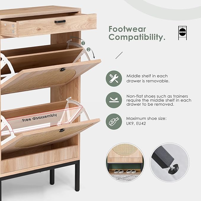Yechen Shoe Rack Storage Organizer with 2 Natural Semi-Circular Rattan Doors, Entryway Wooden Shoe Cabinet for Sneakers, Leather Shoes, High Heels, Slippers (1 Piece, Oak)