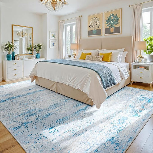9x12 Area Rugs Washable Rug:Anti-Skid Abstract Modern Living Room Rug Soft Thin Carpets Indoor Floor Non-Shedding Carpet for Bedroom Dining Farmhouse Nursery Home Office(Light Blue/White/Beige, 9x12)