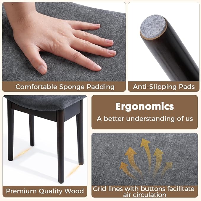 Square Linen Makeup Stool Small Ottoman Stool Chair for Vanity, Modern Padded Seat Foot Rest for Makeup Room, Bathroom (Classic-Gray)