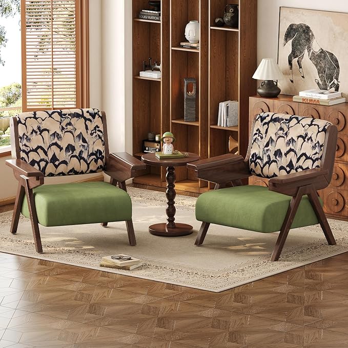 Accent Chair Mid Century Modern Chair, Velvet Upholstered Lounge Arm Chair with Solid Wood, Cozy Reading Chair for Living Room, Bedroom, Balcony (Feather Print, Set of 2)