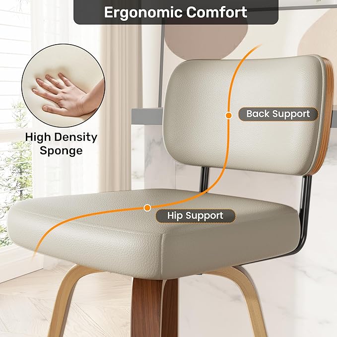 Swivel Bar Stools Set of 2, 26" Upholstered Faux Leather Counter Height Barstools with Walnut Back & Bentwood Legs, Mid Century Modern Bar Chairs Island Stools for Kitchen Counter, Beige Grey