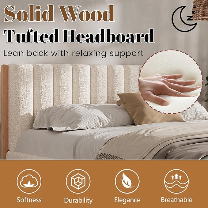 Queen Size Bed Frame with Boucle Upholstered Headboard, Solid Rubberwood Legs & Vertical Striped Design, Sturdy Wood Slat Support Boucle Bed Frame, No Box Spring Needed, White