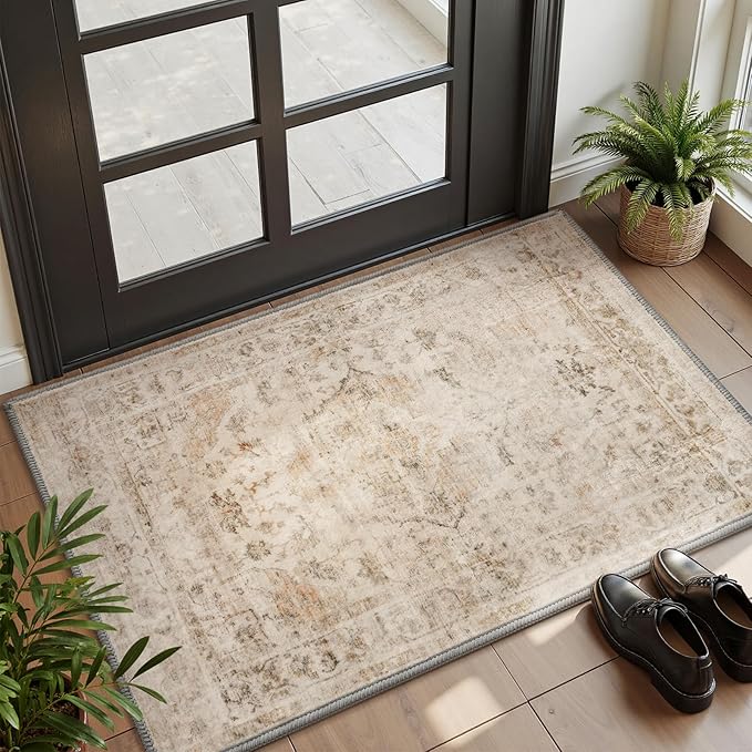 AMOAMI-2X3 Small Rug-Washable Rugs Entryway Mat Indoor-Soft Vintage Non Slip Rugs for Kitchen Laundry Room Bathroom Beige Decorative Accent Rug for in Front of Sink 24 Inch x36 Inch