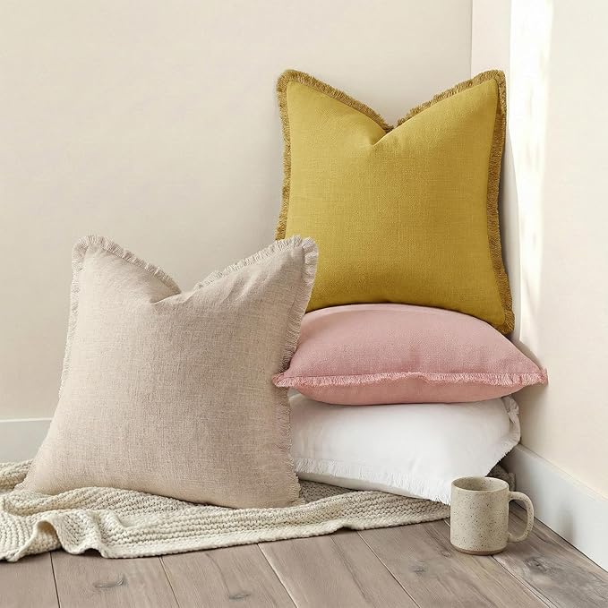 decorUhome Summer Decorative Neutral Linen Fringe Euro Sham Throw Pillow Covers Set of 2 Cream White Pillow Covers with Tassels Soft Farmhouse Boho Accent Pillow Cases for Couch Bed Sofa 26x26 Inch