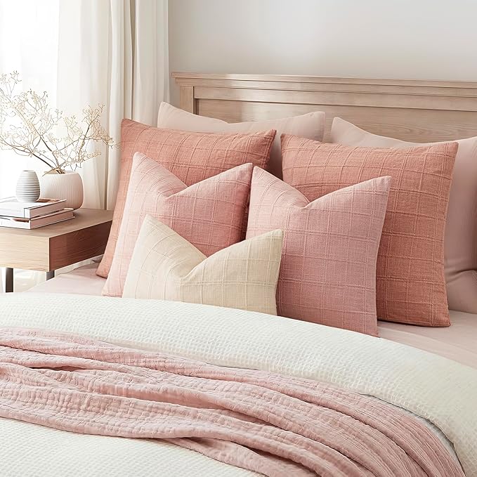 Foindtower Set of 2 Decorative Linen Check Throw Pillow Covers Neutral Farmhouse Lumbar Cushion Covers Modern Boho Accent Home Decor for Sofa Chair Couch Bedroom Living Room,12×20 Inch,Light Pink