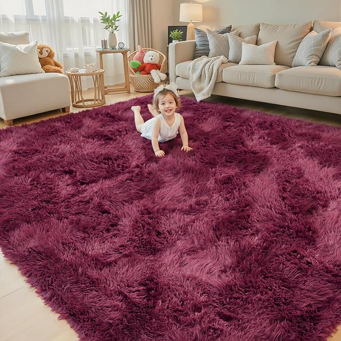 Shaggy Rugs for Bedroom Living Room Dorm Nursery Home Decor Aesthetic (Burgundy, 5 x 8)