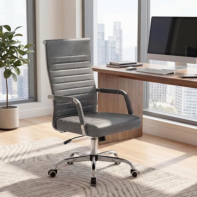 Furmax Ergonomic Office Desk Chair, Executive Ribbed Mid-Back PU Leather Conference Room Chair Adjustable Swivel Chair with Arms (1, Bicolor Vintage Grey)