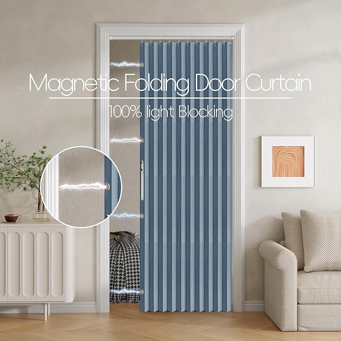 Jilron 100% Blackout Fabric Folding Door Curtain with Magnetic Closure - Accordion Style for Sliding Doors, Closets,Wardrobe and Temporary Door Solutions Doorway Curtains（W42 x L78, Blue 1 Panel）