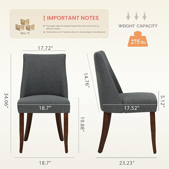Wooden Dining Chairs Set of 6, Upholstered Farmhouse Fabric Dining Room Chair, Mid Century Kitchen Chair for Restaurant & Cafe, Dark Grey