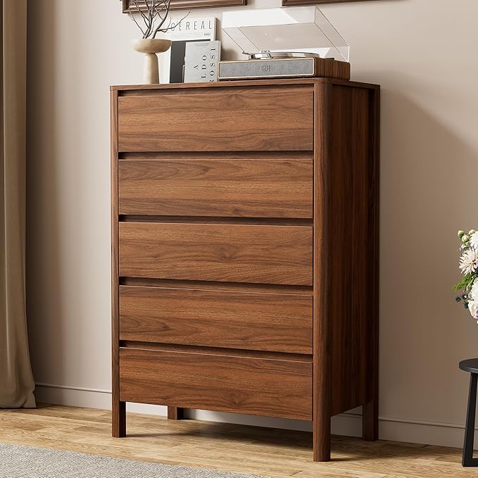Furniway 45" Tall Mid-Century Modern Dresser for Bedroom, 5 Drawer Chest of Drawers with Solid Wood Legs, Large Storage Tall Dresser, Walnut