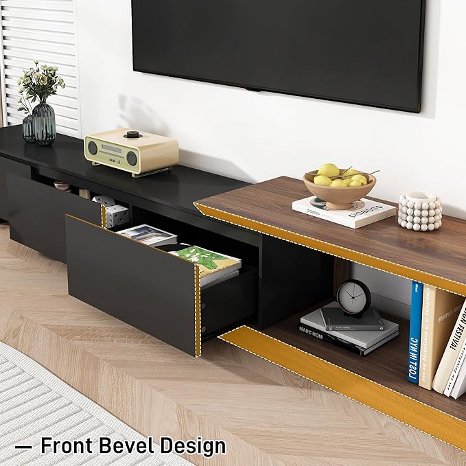 chartustriable Extendable TV Stand with 3 Drawers, Modern Minimalist Entertainment Center, Reversible Long TV Media Console, Bevel Design, 82-107.3 Inch, Black & Walnut