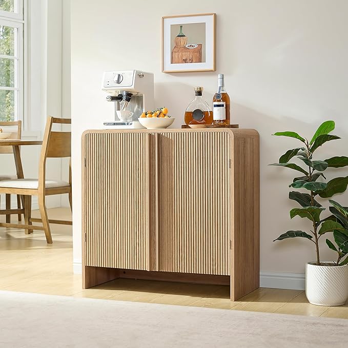 AMERLIFE 3-Piece Fluted Buffet Cabinet with Storage, Modern Sideboard Cabinet with Doors & Adjustable Shelf, Console Table & Credenza for Living Room, Kitchen & Entryway, Natural Oak