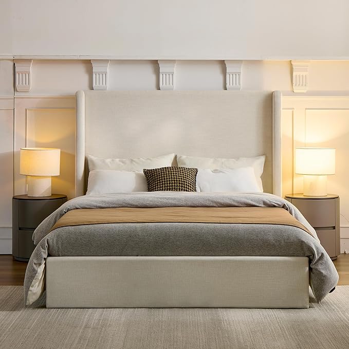 Full Size Upholstered Platform Bed Frame, 53.5" High Headboard Carmen Wingback Beds, Tall Headboard King Floor Bed Frames, No Box Spring Needed No Noise, Minimalist, Textured Ivory
