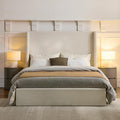 Full Size Upholstered Platform Bed Frame, 53.5" High Headboard Carmen Wingback Beds, Tall Headboard King Floor Bed Frames, No Box Spring Needed No Noise, Minimalist, Textured Ivory