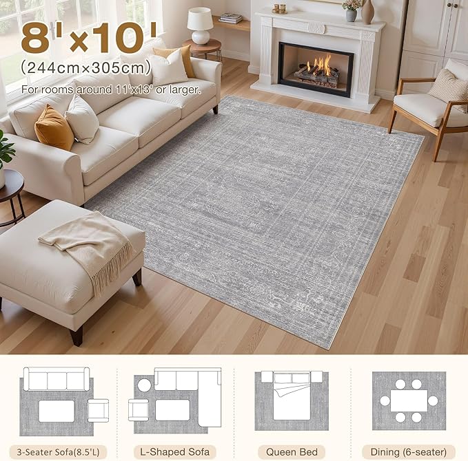 Nakagishi 8x10 Area Rugs Living Room: Washable Large Vintage Grey Rug Neutral Non-Slip Soft Stain Resistant Indoor Carpet for Bedroom Nursery Dining Room Under Table Bed Home House Office Playroom