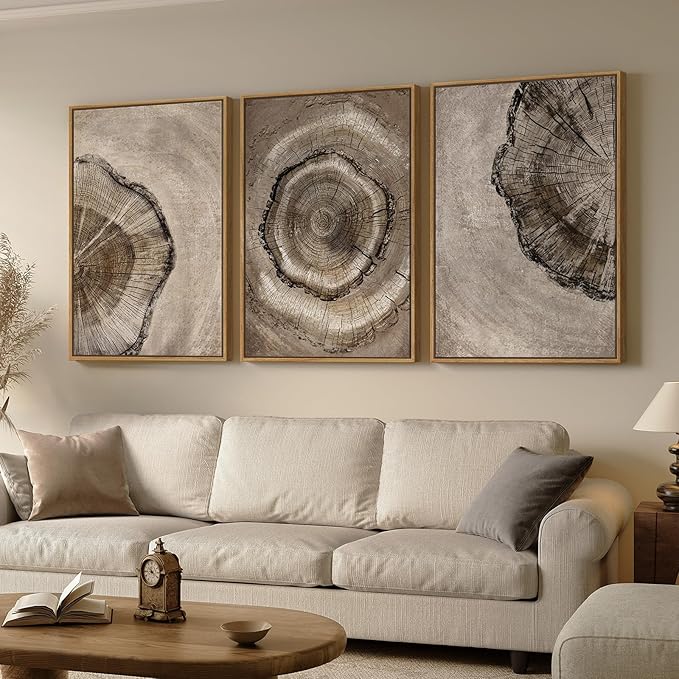 Large Framed Neutral Vintage Wall Art for Living Room, 3 Piece Retro Rustic Tree Ring Prints Canvas Artwork for Walls, Nature Paintings Pictures for Bedroom Hallway Home Office Wall Decor, 24x36 Inch