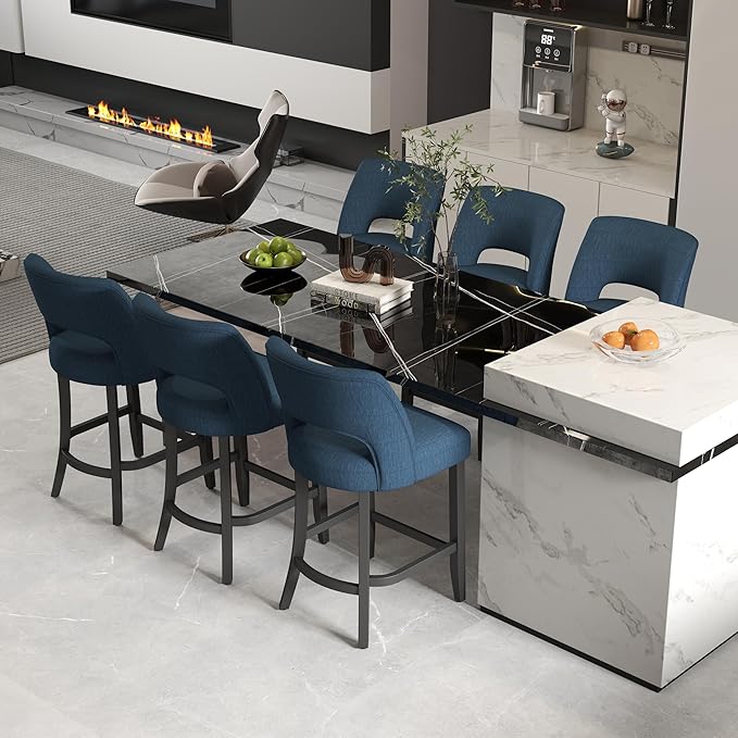 VKNOW Bar Stools Set of 6, Modern Counter Height Bar Stools, 26" Upholstered Counter Stools with Black Wood Legs for Kitchen Island Dining Room Bar, Blue-Black Legs