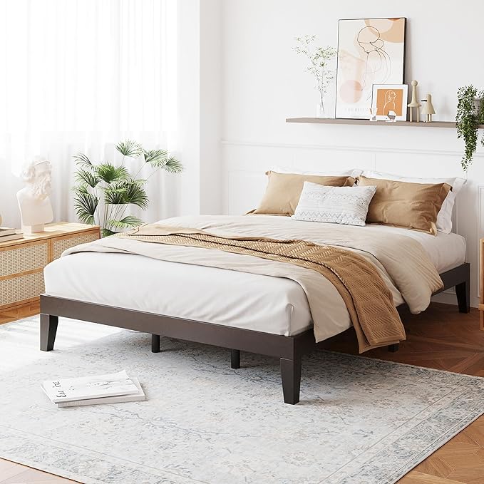 COLAMY 12 Inch Queen Size Platform Bed Frame，Sturdy Wood Bed Frame with Wood Slat Support, No Box Spring Needed, Easy Assembly(Espresso)