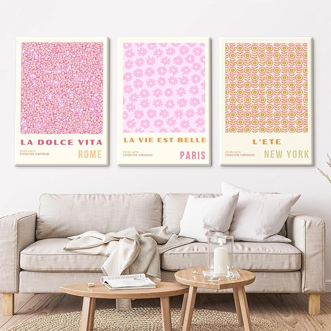 Pink Flower Market Wall Art Decor Aesthetic Abstract Canvas Floral Minimalist Wall Art Pictures Orange Floral Prints Artwork Botanical Flower Poster Colorful Painting 16x24 Inch Framed Set of 3
