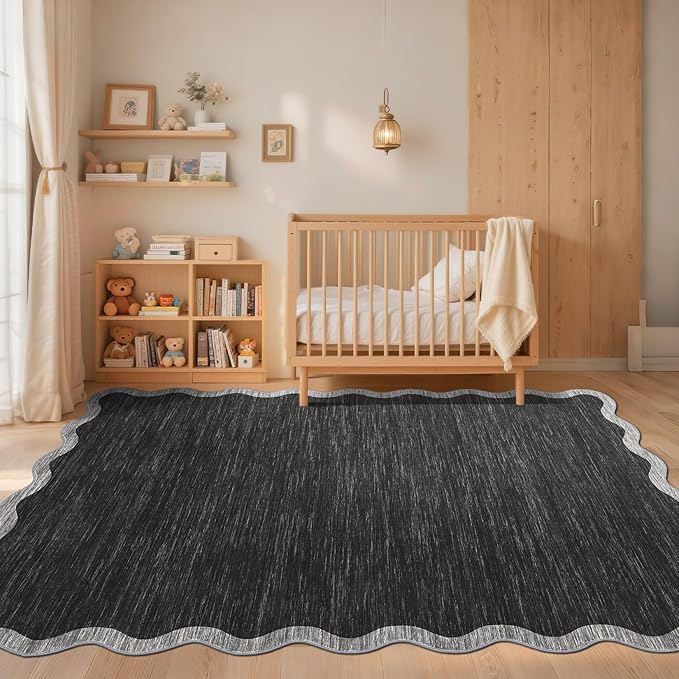 GarveeHome Scalloped Washable Rugs 9x12 Area Rug for Bedroom Modern Rug Non Slip Throw Rugs Large Living Room Rug Low Pile Soft Stain Resistant Carpet for Nursery Dining Room 9 ft x12 ft Black