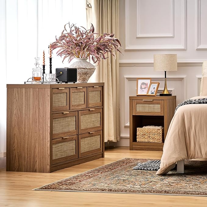 Walsham Night Stand Set 2, Rattan Nightstand with Charging Station, Modern End Table with Drawers, Bed Side Tables Set of 2 for Bedroom Living Room Sofa Couch Office (Weathered Oak)