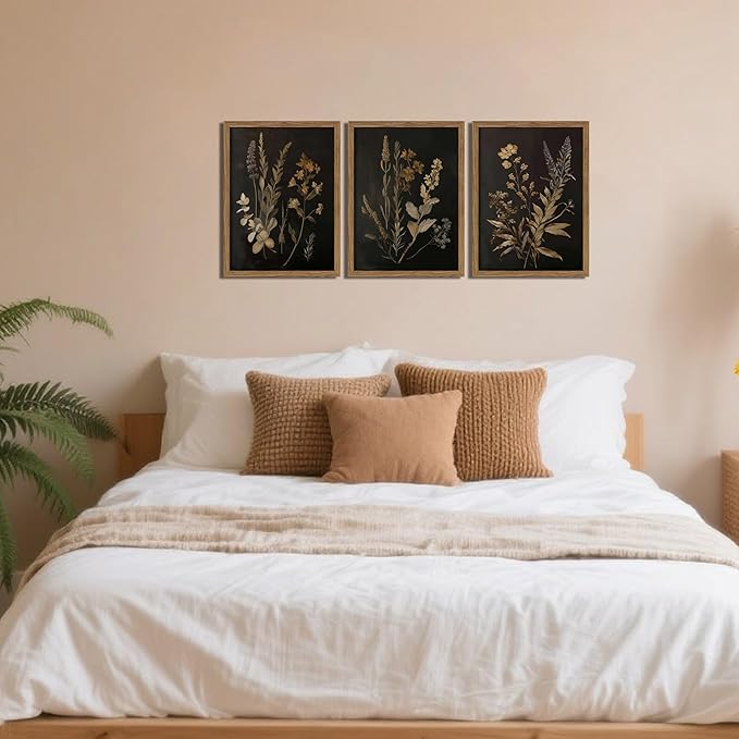 Framed Dark Botanical Wall Art Set of 3, Black Moody Floral Wall Decor Paintings, Dark Academia Decor, Vintage Flower Artwork Prints Pictures for Living Room Bedroom Bathroom 12x16 Inch